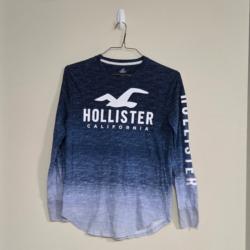 Hollister Long Sleeve Print Logo Graphic Tee Shirt Navy to White Ombre Mens S